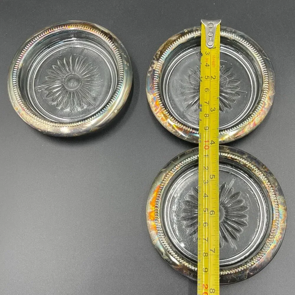 Vintage Leonard Silverplate Coasters Italy Glass Insert Starburst Set of 3